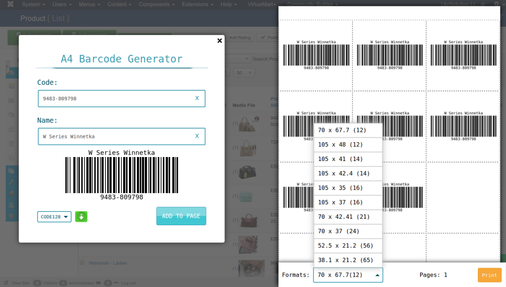 A4 Barcode Generator GPL bulk barcode creation A4 sheet printable WordPress plugin