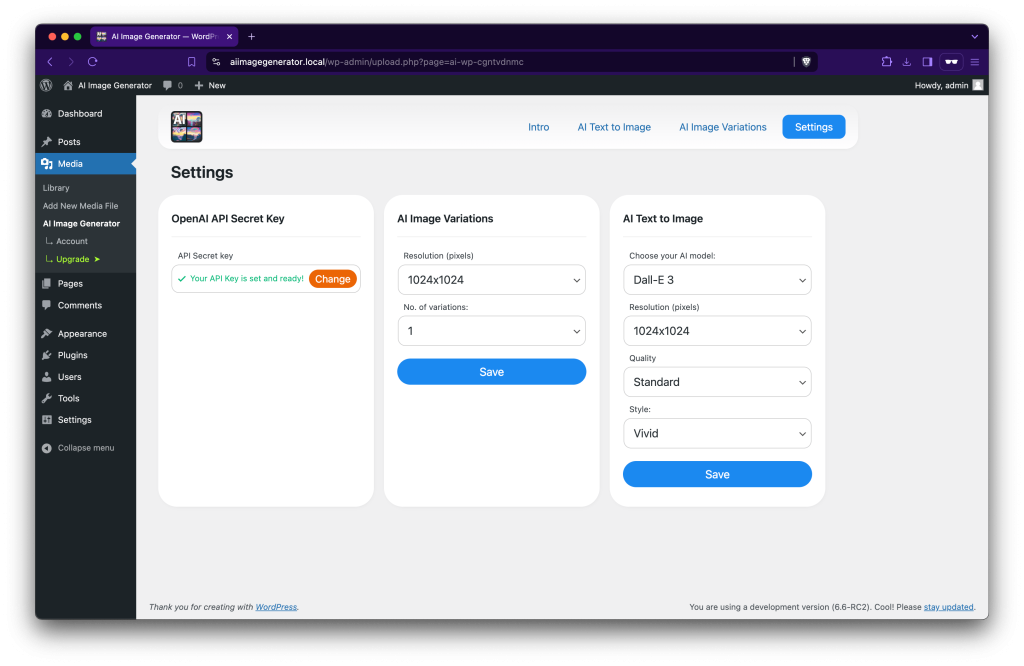 AI Image Generator GPL WordPress AI text to image generation visual creation plugin interface dashboard