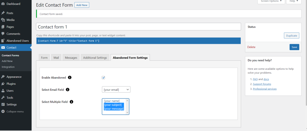 Abandoned Contact Form 7 GPL lead recovery dashboard WordPress plugin interface