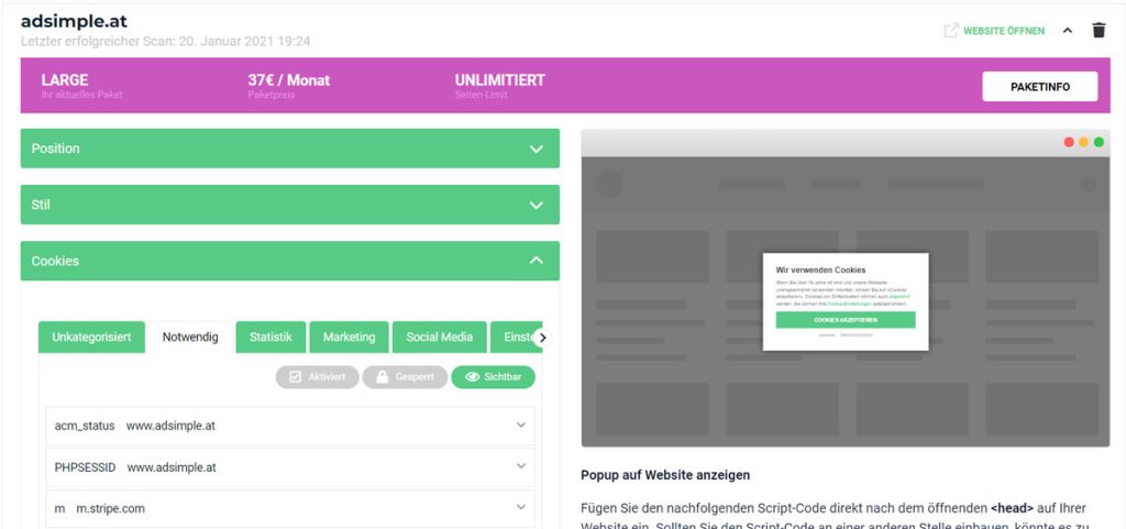Adsimple Cookie Manager for WP GPL WordPress GDPR cookie consent banner plugin interface