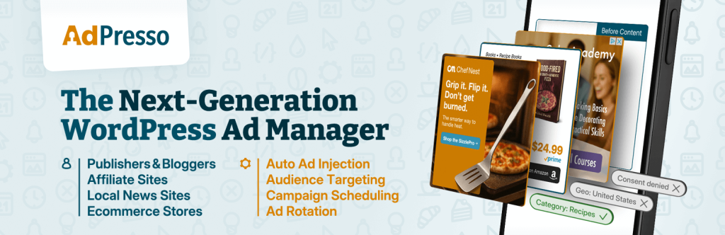 AdPresso GPL WordPress advertising campaign management dashboard analytics plugin interface