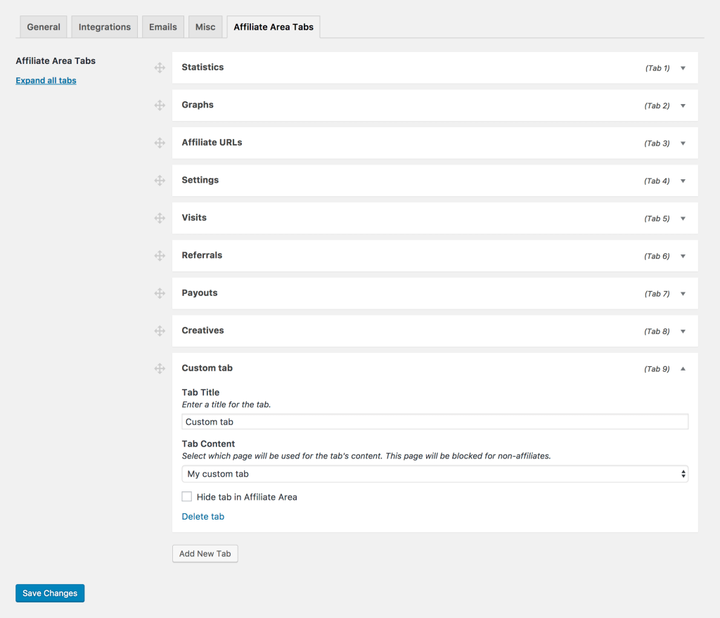 AffiliateWP Affiliate Area Tabs GPL WordPress affiliate dashboard tab navigation referrals earnings settings plugin interface