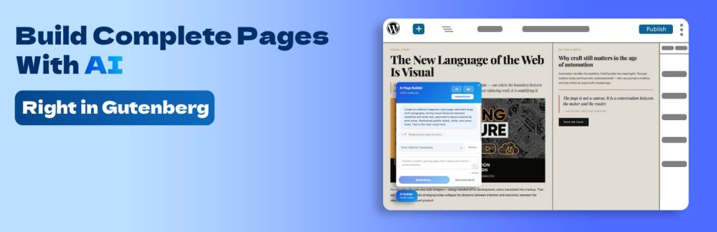 AI Builder GPL WordPress AI website builder content generation page creation plugin interface dashboard