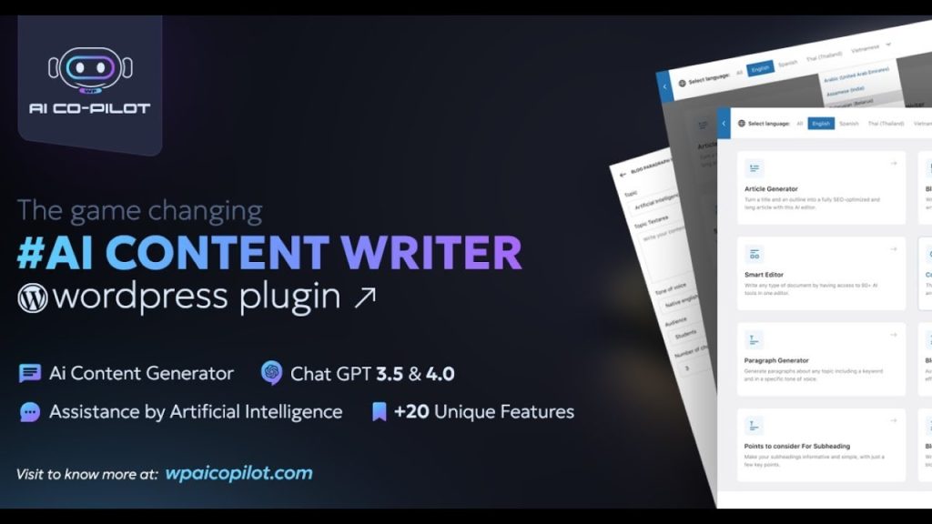 AI Co-Pilot for WP GPL WordPress AI writing assistant content generation SEO optimization plugin interface dashboard